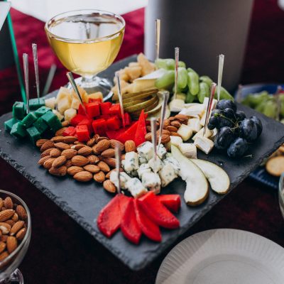 Decorated banquet table with snacks at a wedding