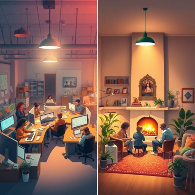 {"prompt":"Prompt: A visual depiction of the delicate balance between work and home life. On one side, a bustling office scene with vibrant colors, where a diverse group of individuals collaborate over desks adorned with gadgets and papers, illuminated by bright overhead lights that create an energetic atmosphere. On the opposite side, a serene home environment featuring a cozy living room bathed in soft, warm light, where a family gathers around a fireplace, surrounded by comforting hues of earth tones, plants, and photographs that evoke a sense of togetherness. The overall mood is harmonious, emphasizing the duality and interconnectedness of professional and personal life, inviting viewers to reflect on their own balance.nnequilibrer d'un cote le travailde l'autre la maison le foyer","originalPrompt":"equilibrer d'un cote le travailde l'autre la maison le foyer","width":1024,"height":1024,"seed":42,"model":"flux","enhance":false,"nologo":true,"negative_prompt":"undefined","nofeed":false,"safe":false,"quality":"medium","image":[],"transparent":false,"isMature":false,"isChild":false}